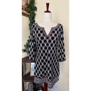 White House Black Market Ethos Print Tunic Top Black White Geometric sz S